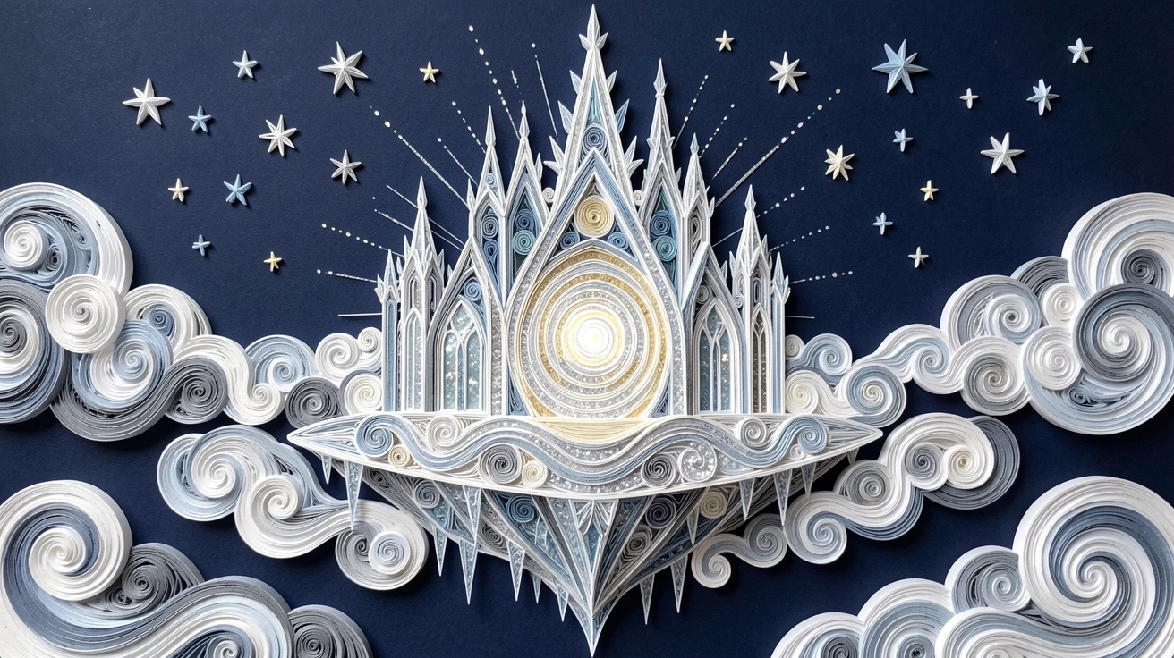 A magical fantasy scene of a snow queen's ice palace shimmering under starlight atop a floating island in the clouds, with shimmering starlight reflected on every surface, centered with radiant light emanating outward.