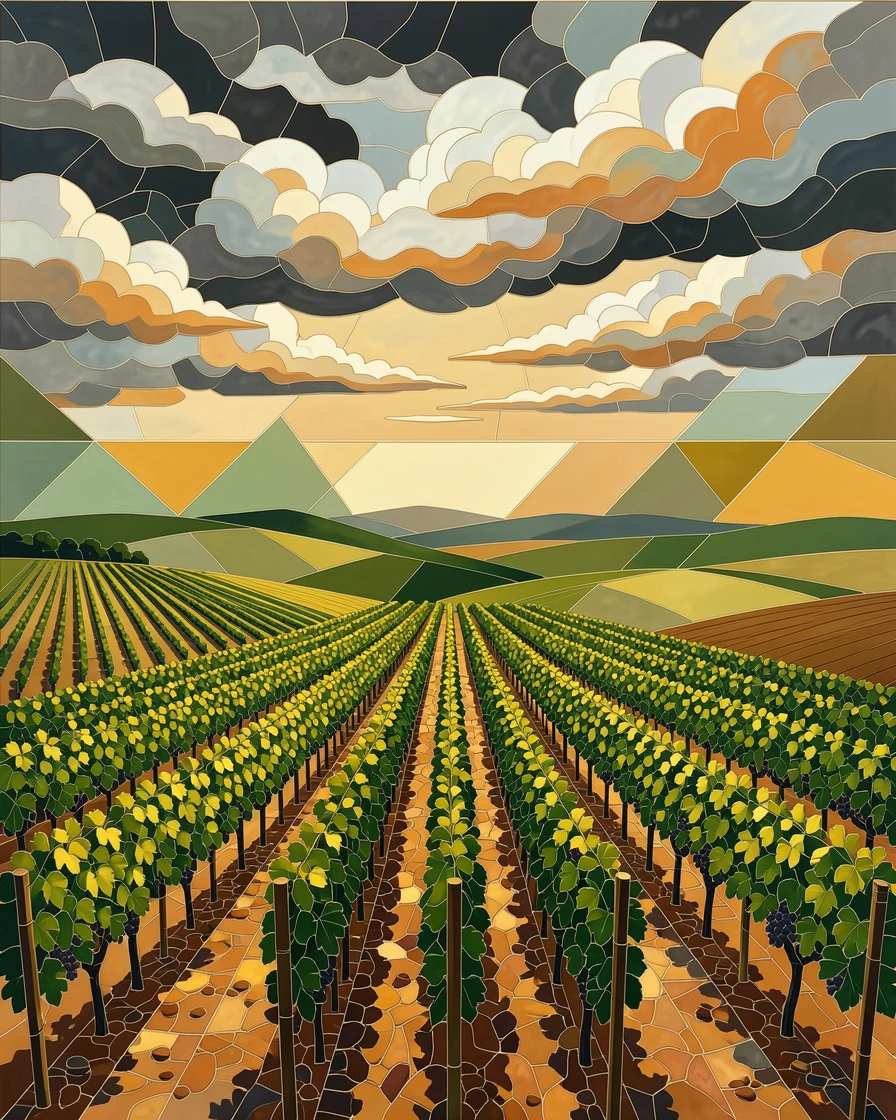 A wide panoramic view of a peaceful countryside vineyard with rows of vines under warm afternoon light, with dramatic clouds and rich natural color.