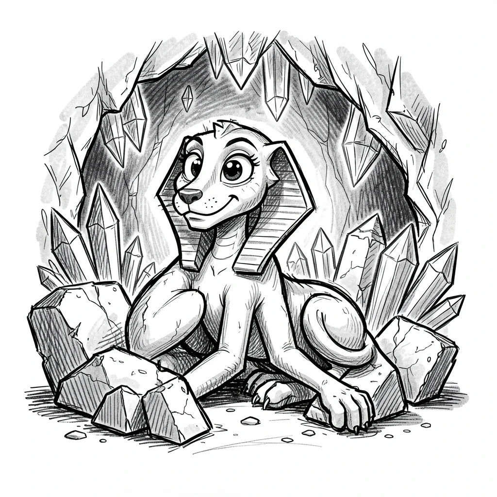A sphinx resting beside ancient pyramid stones in a cave filled with crystals.