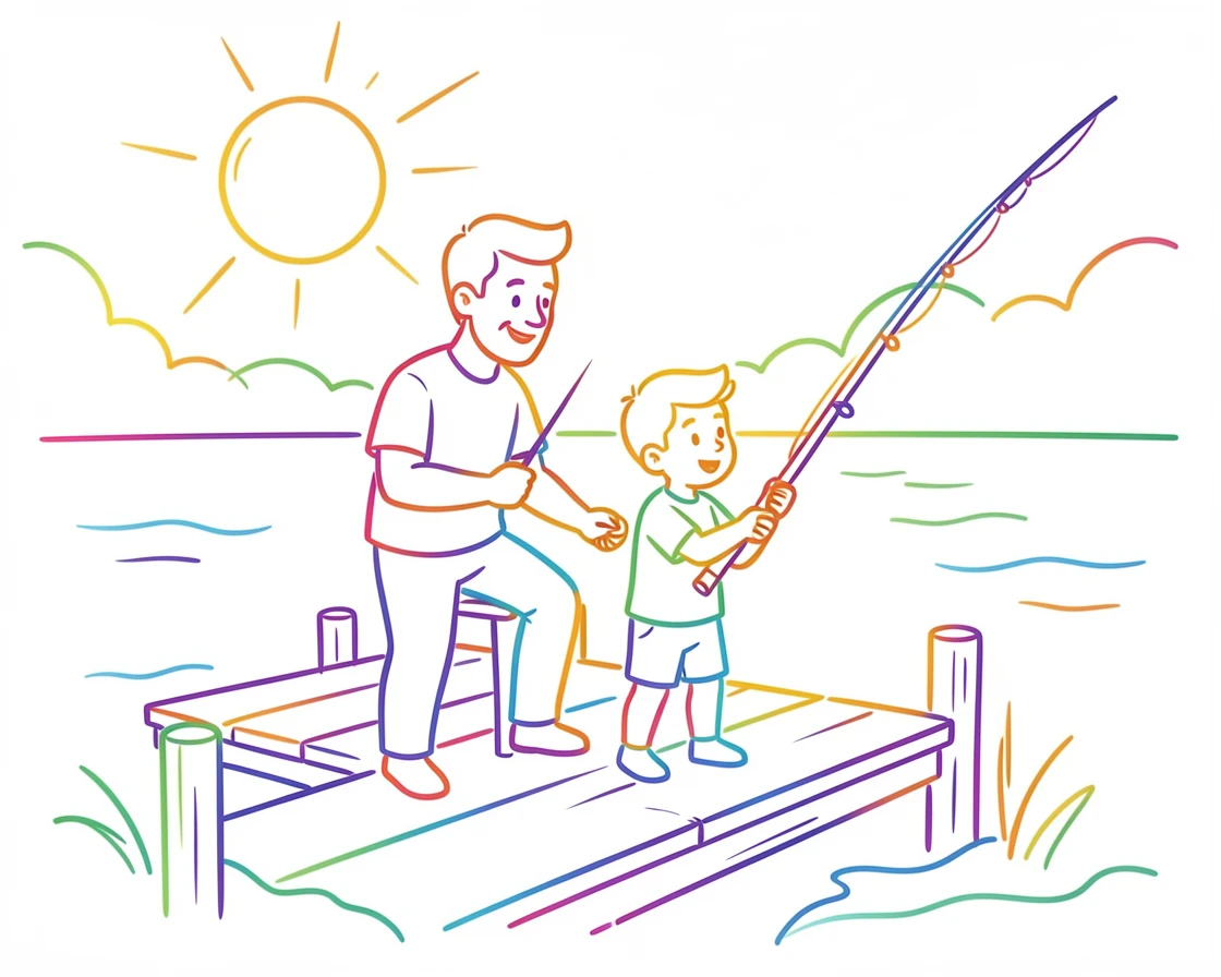 A father and son fishing together from a quiet dock at sunrise.