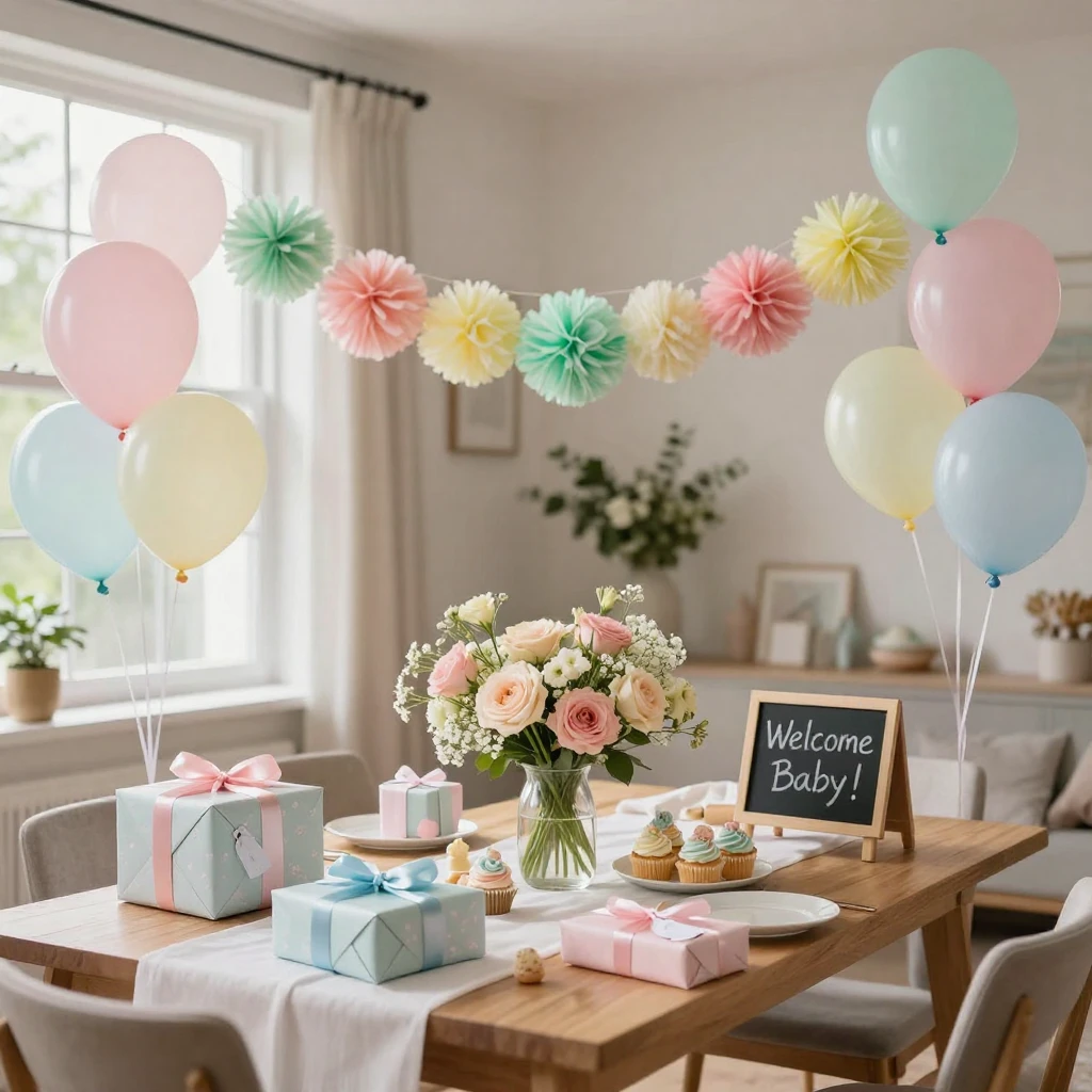 A baby shower with pastel decorations and gifts