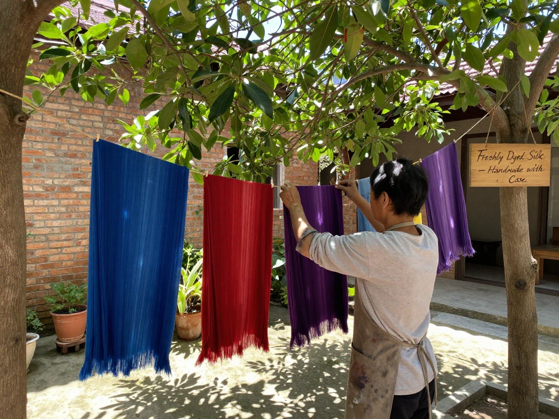 A silk dyer hangs freshly colored fabric to dry between two courtyard trees.