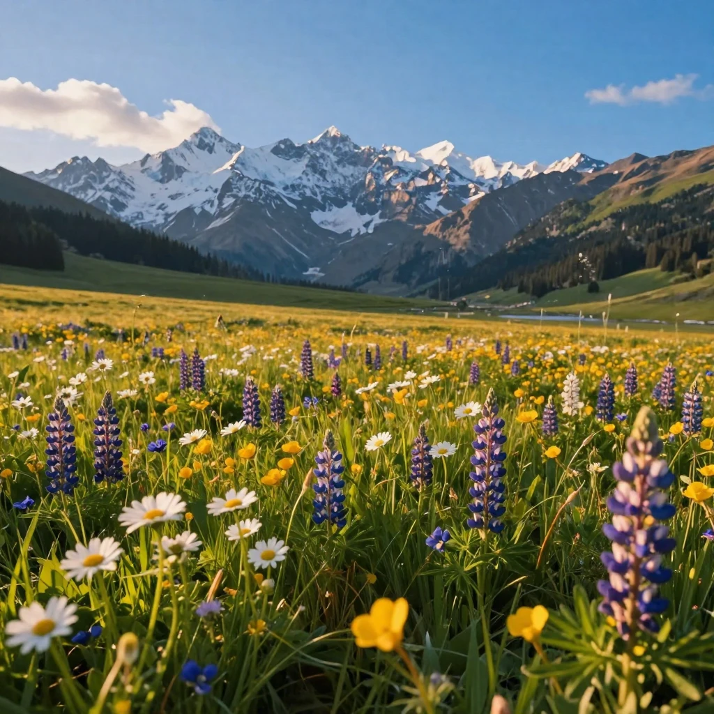 A meadow of wildflowers blooming beneath the shadow of snow-capped mountains