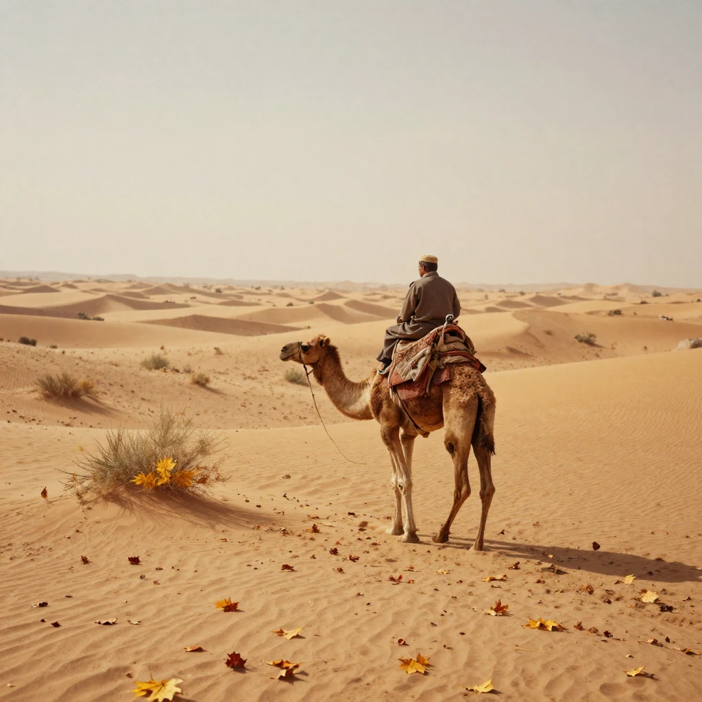 A lone camel caravan crossing a vast golden desert, in gentle diffused daylight, with a soft breeze stirring the air, as autumn leaves turn gold and red, dominated by warm amber and rust tones, at eye level, intimate and direct.