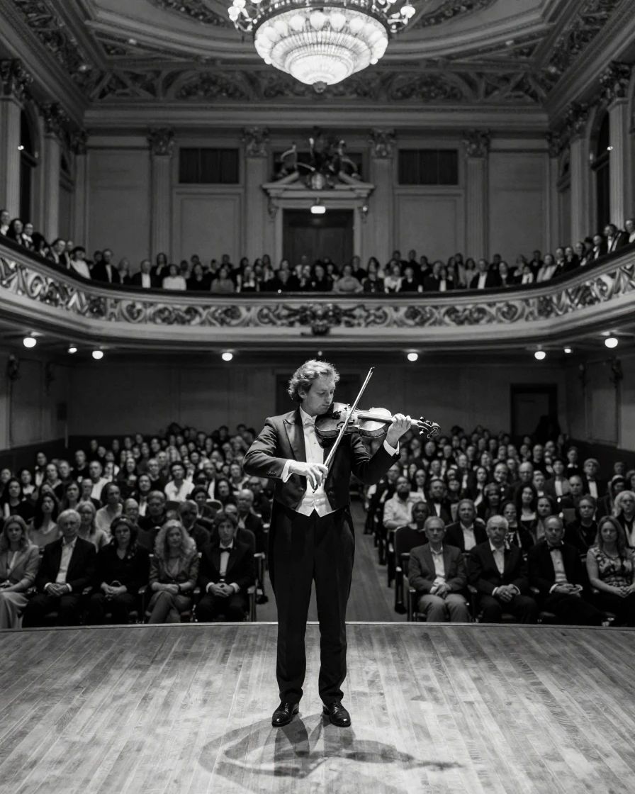 A violinist performs alone on an empty stage before a packed concert hall.