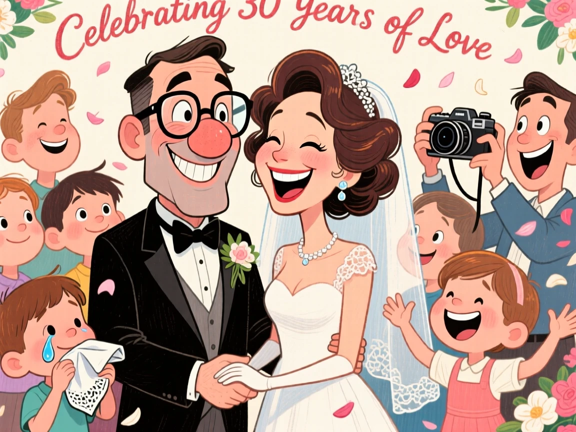 A couple renewing their wedding vows surrounded by their grown children.