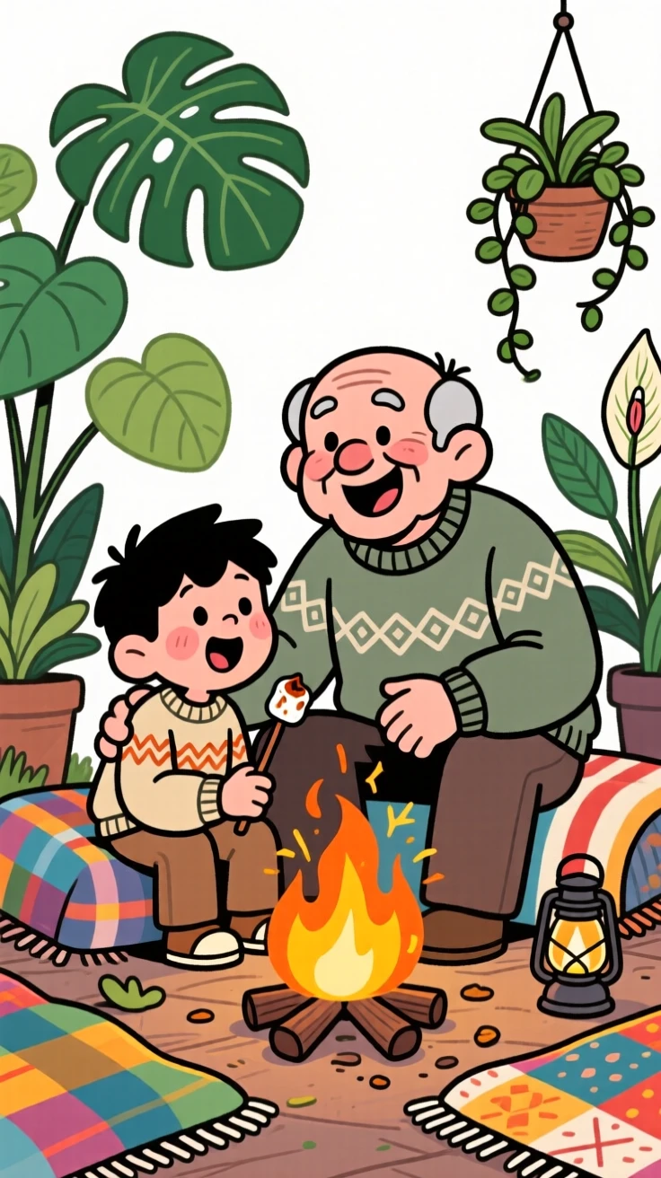 A heartwarming scene of a grandfather and his grandson gathered around a campfire telling stories, surrounded by house plants and cozy blankets.