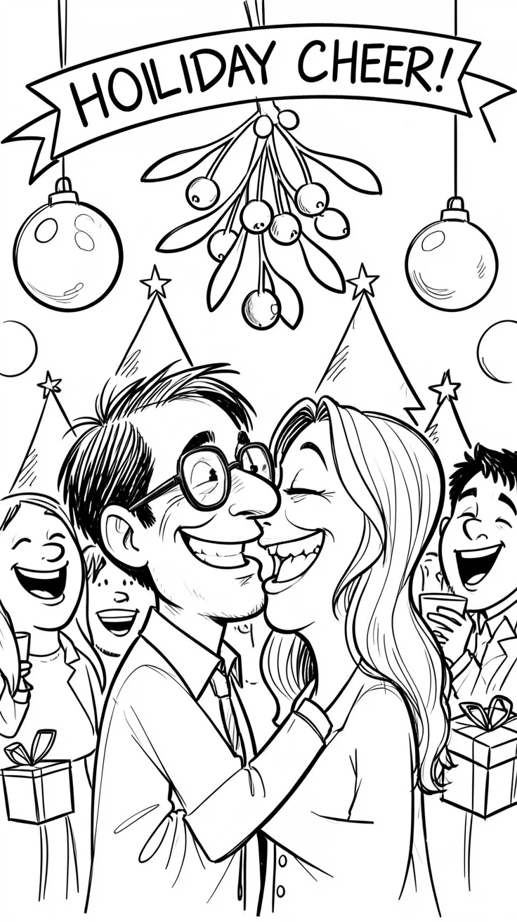 [Seasonal Holidays & Celebrations] Festive scene of a couple kissing under mistletoe at a festive holiday party, full of celebration and joy