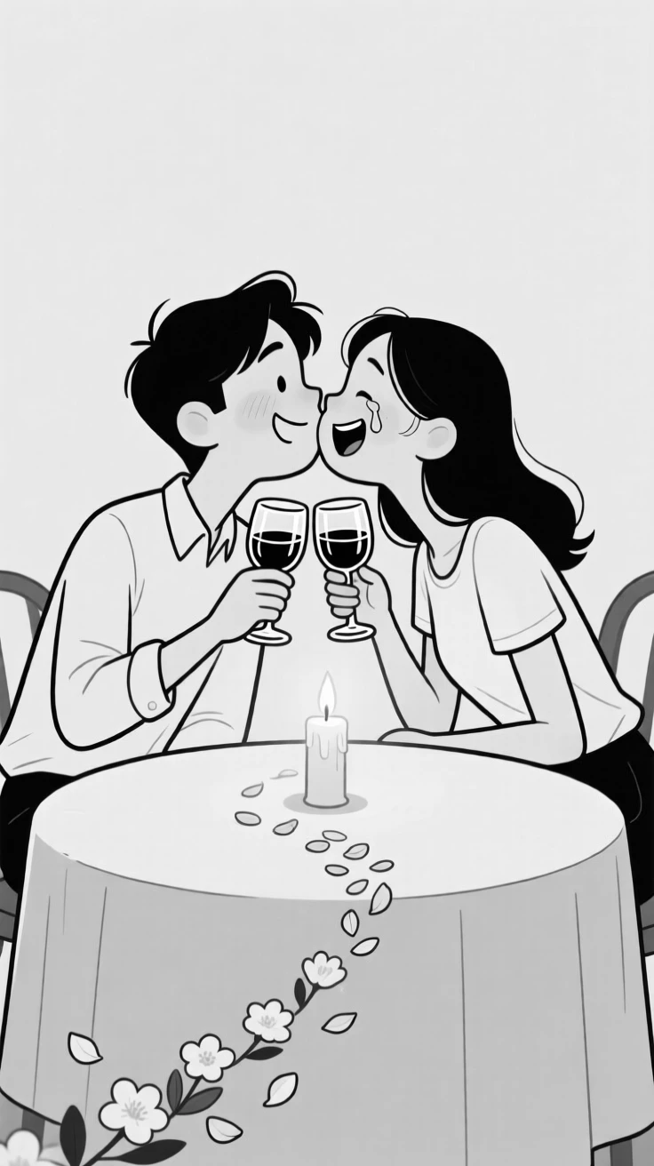 Friends clinking glasses in a joyful toast, leaning in for a joyful, tearful kiss, set around a table glowing with warm candlelight. A trail of flower petals leads toward the celebration. It radiates the timeless magic of coming together to celebrate.