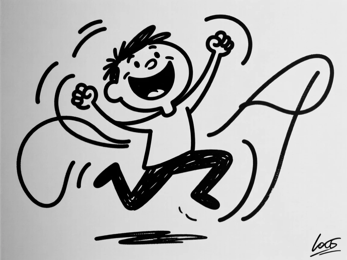 A person doing a happy dance after finally beating a difficult video game boss.