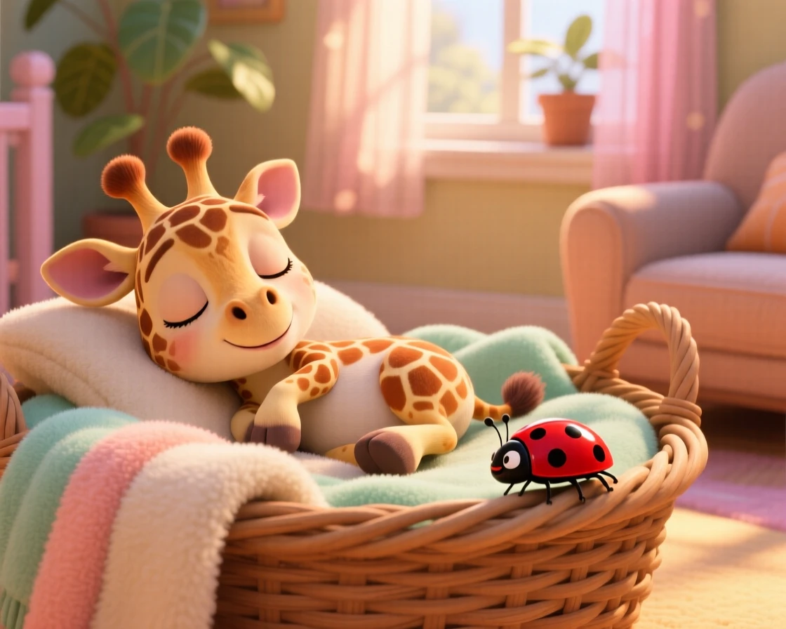 A wobbly baby giraffe is napping in a wicker basket lined with soft blankets, watching a ladybug crawl by. A quiet, comforting sweetness surrounds the scene, with warm colors filling the background.
