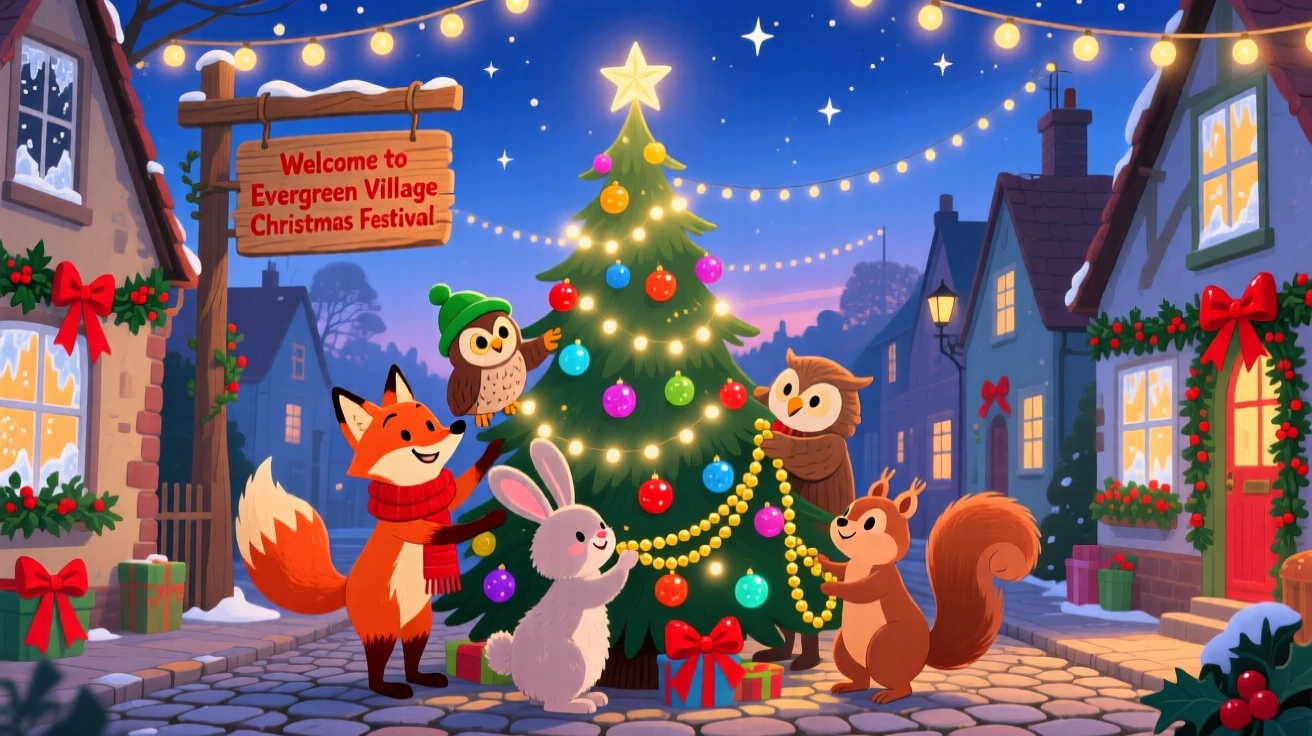 A group of woodland friends spend the evening decorating a towering Christmas tree with glowing ornaments in a festive village street, while ribbons and bows decorate every corner.
