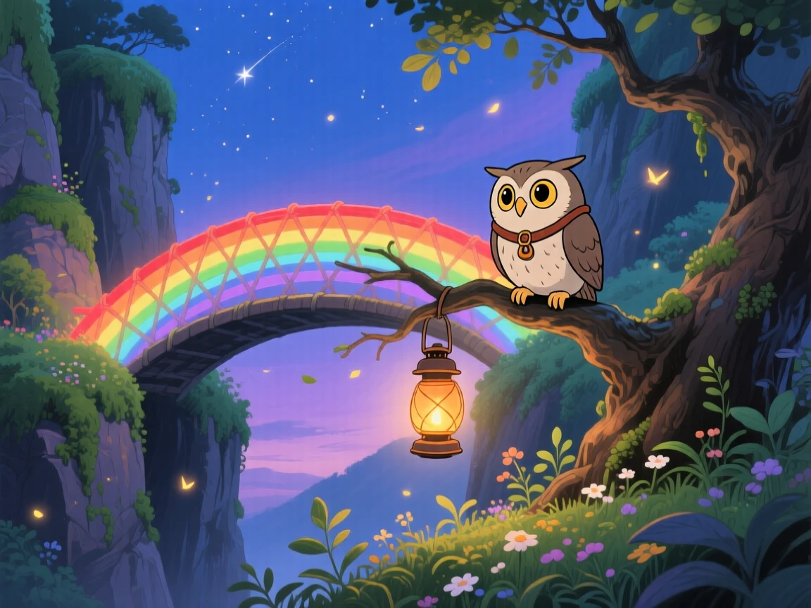 A bridge made of woven rainbow light connecting two cliffs, where an owl wearing a tiny lantern around its neck can be seen nearby, the atmosphere quietly enchanting.