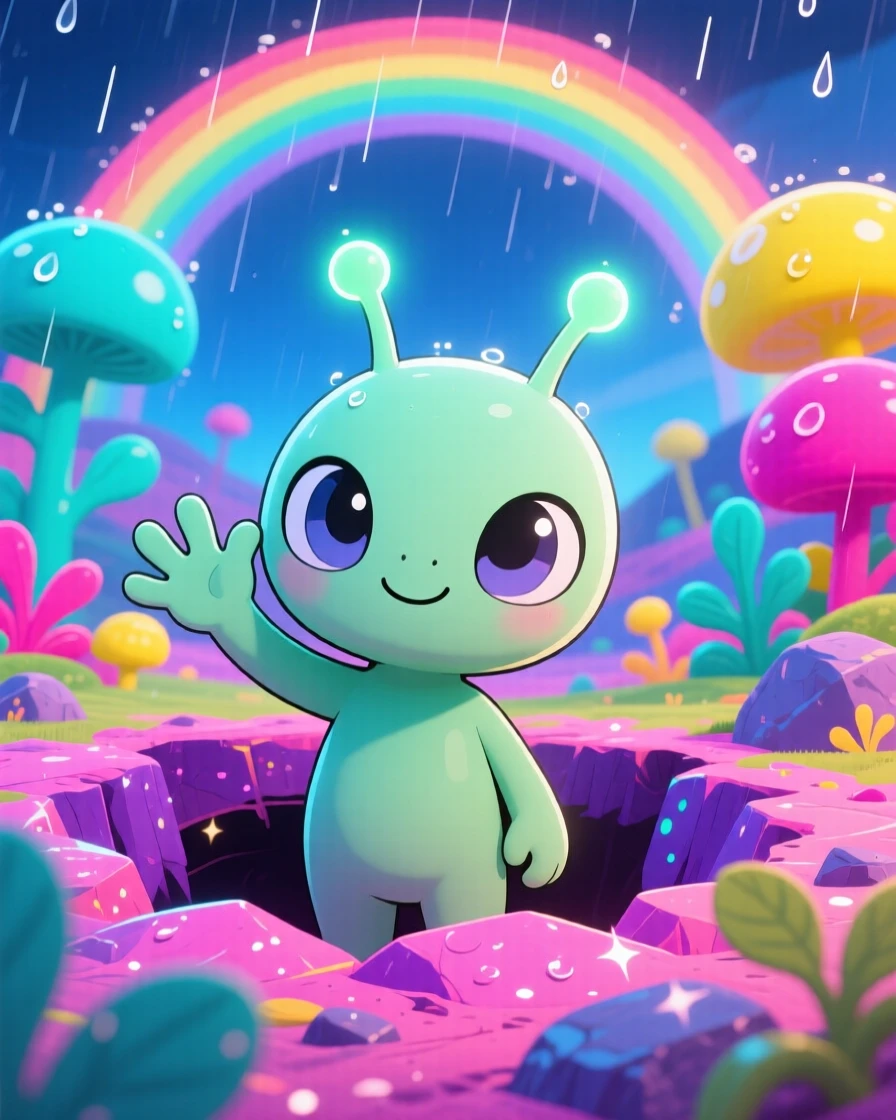 Close-up portrait: a tiny alien friend, waving from a colorful crater, set against a candy-colored alien landscape under a rainbow after the rain, with cool blue twilight glow and a mood of proud determination.