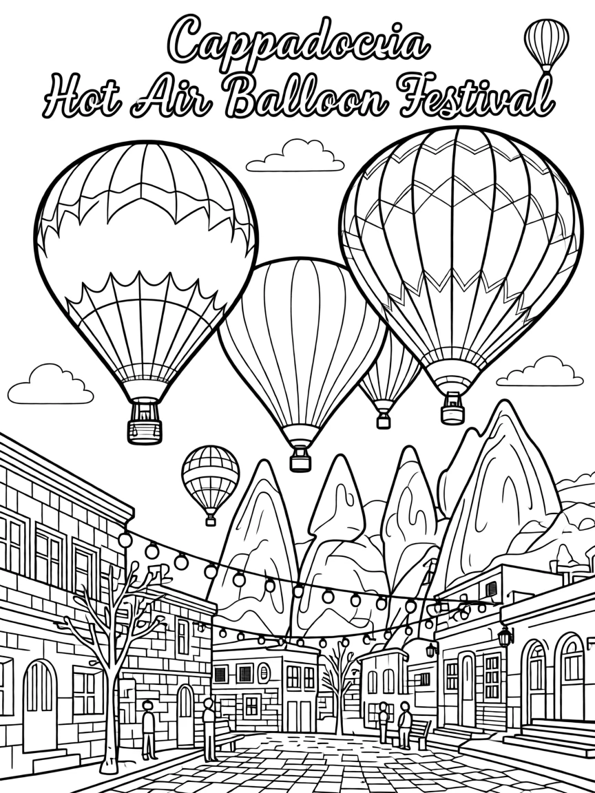 A hot air balloon festival over Cappadocia's rock formations, with string lights strung between old buildings.