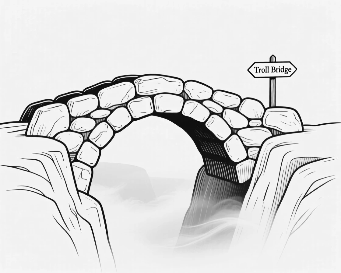 A troll bridge crossing a misty ravine