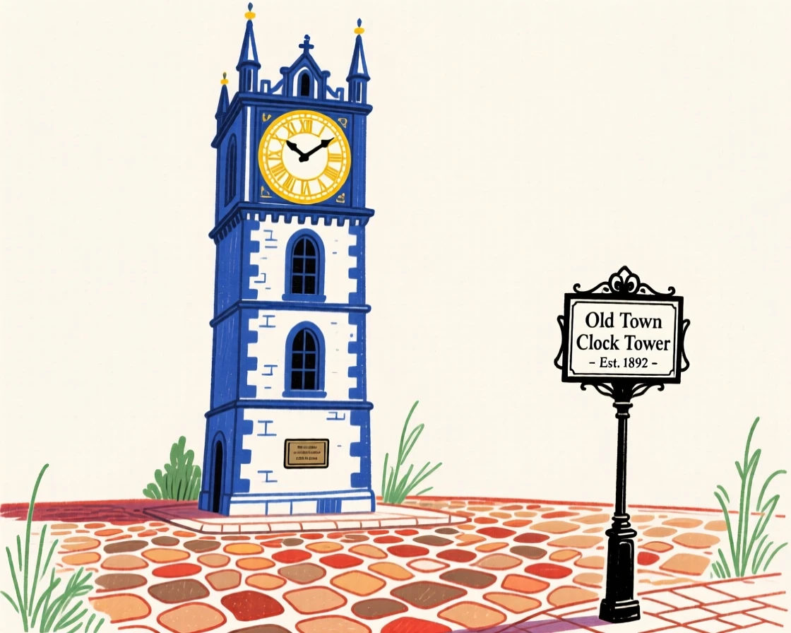 A historic clock tower rising above a cobblestone square.