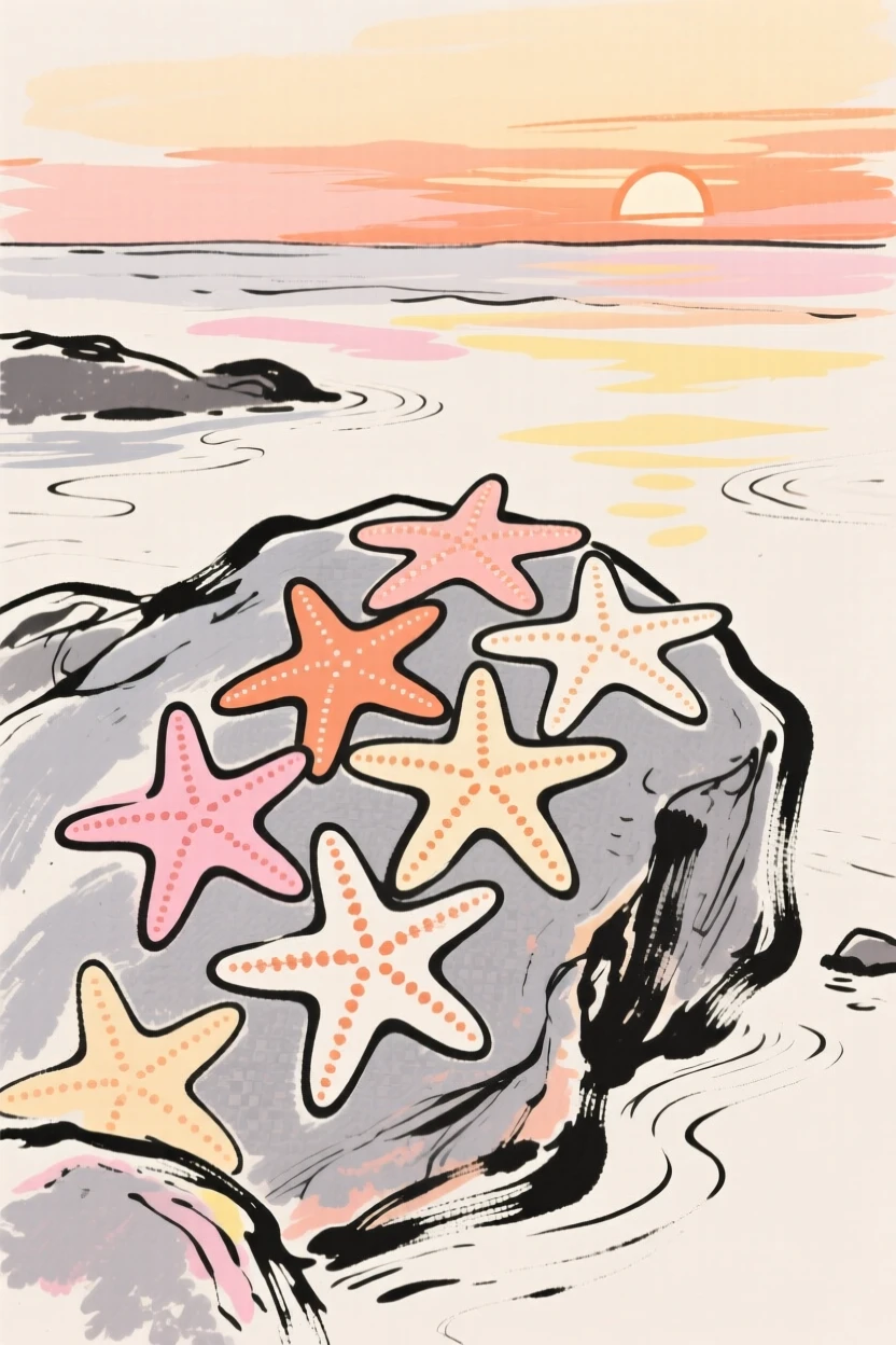 A colony of sea stars clustered on a tide-pool rock at sunset.