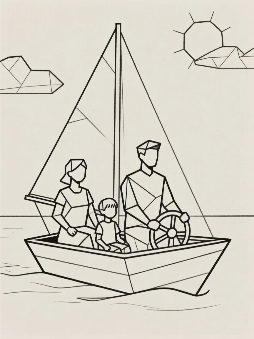 A family sailing together on a small boat