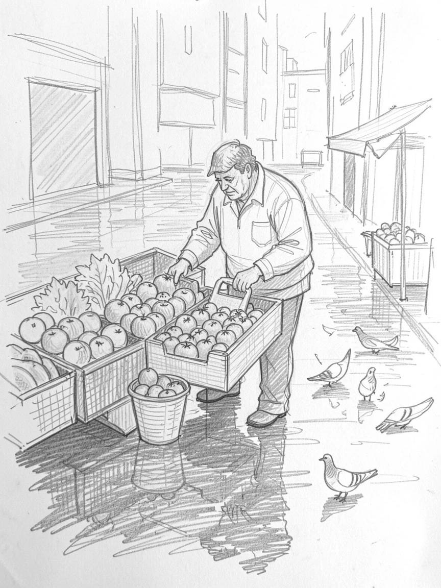 A street vendor arranging fresh produce, on a rain-slicked city street, with pigeons scattering nearby.