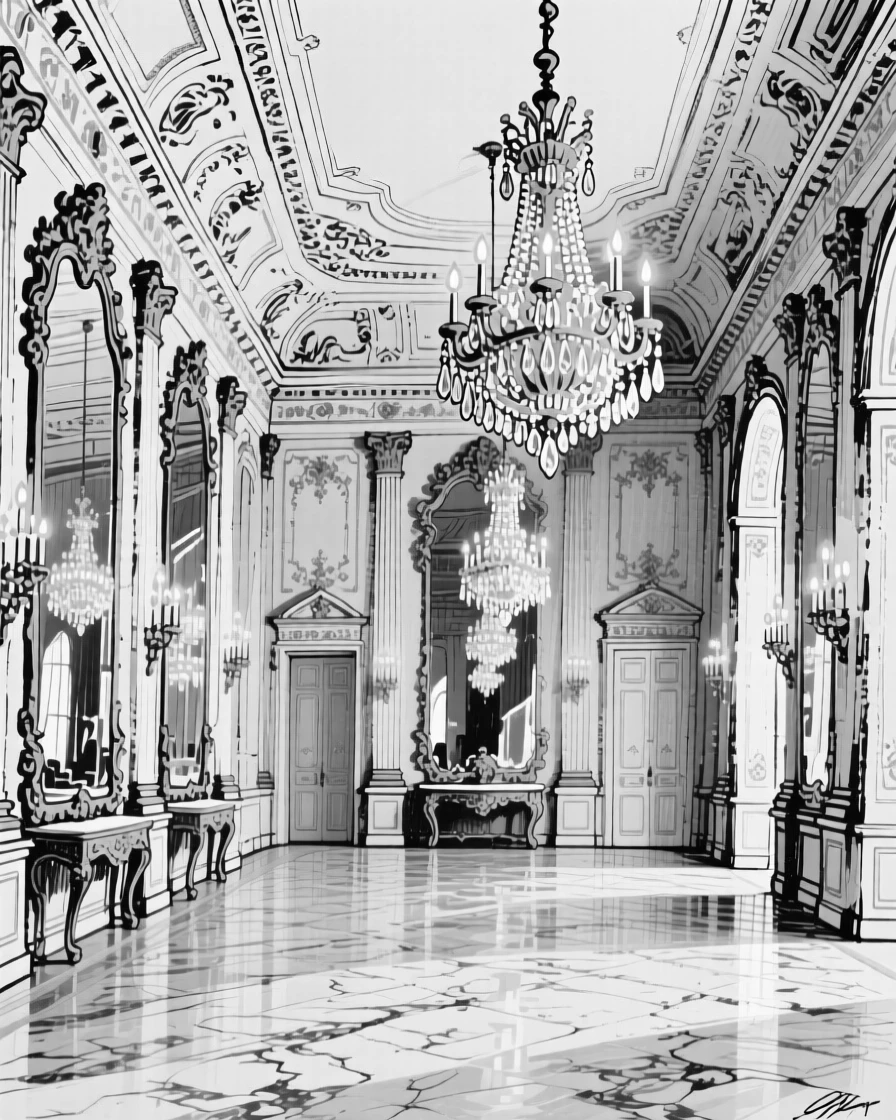 A grand palace ballroom with tall mirrors reflecting golden chandeliers.