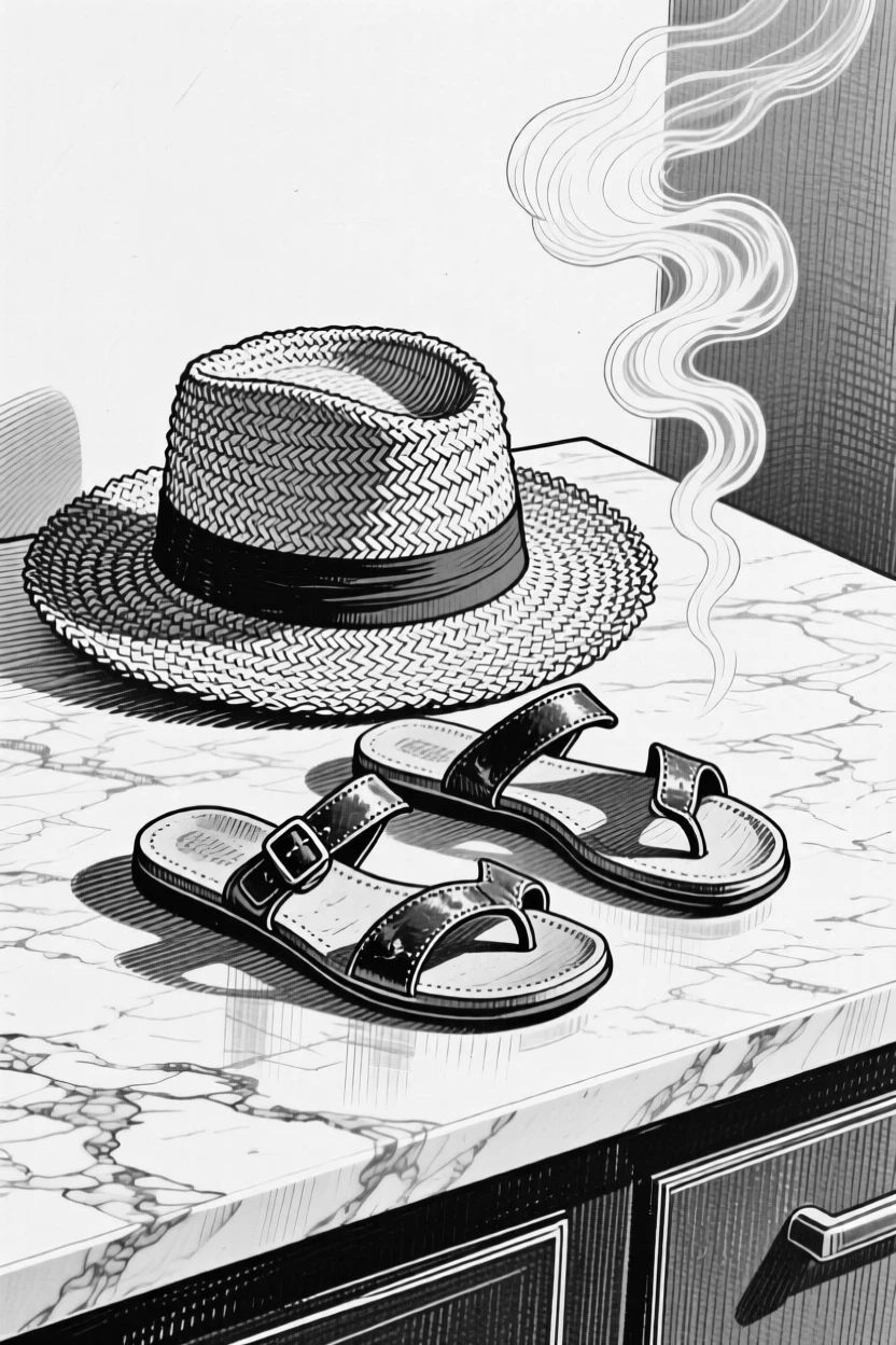 A straw sunhat and a pair of sandals set on a marble countertop, with steam curling gently upward nearby, forming a gently sentimental still-life study.