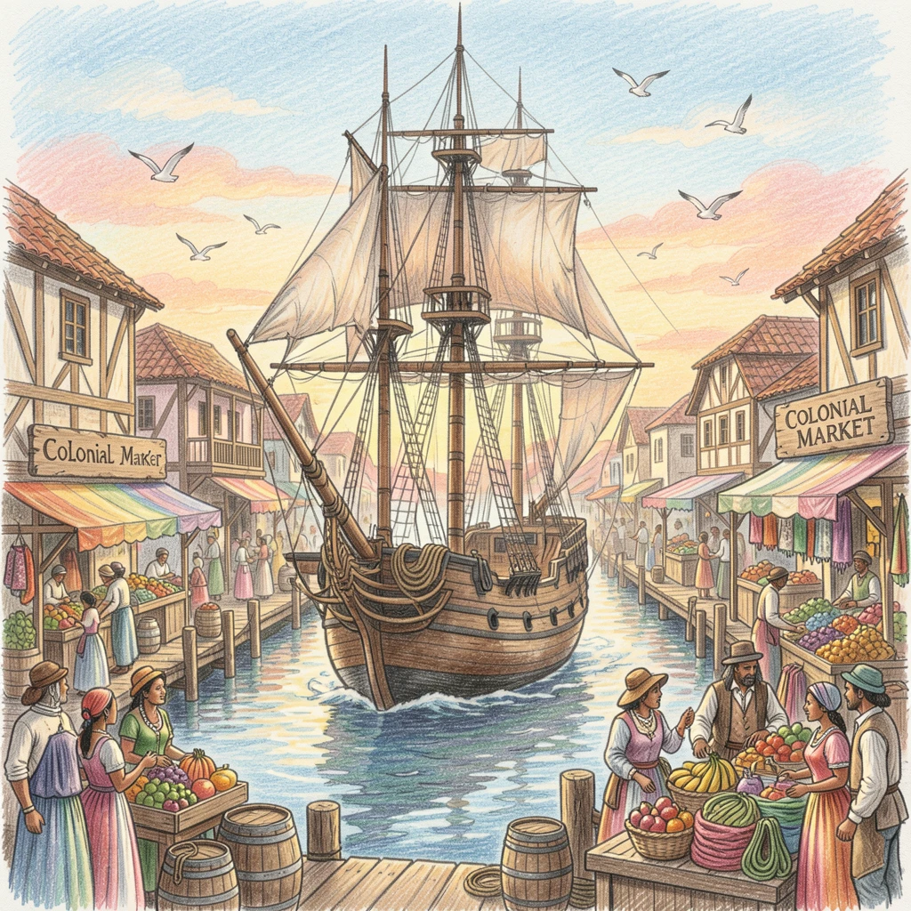 An old sailing ship departing a bustling colonial harbor, filled with vibrant, culturally rich visual elements, full of cultural pride and historical wonder.