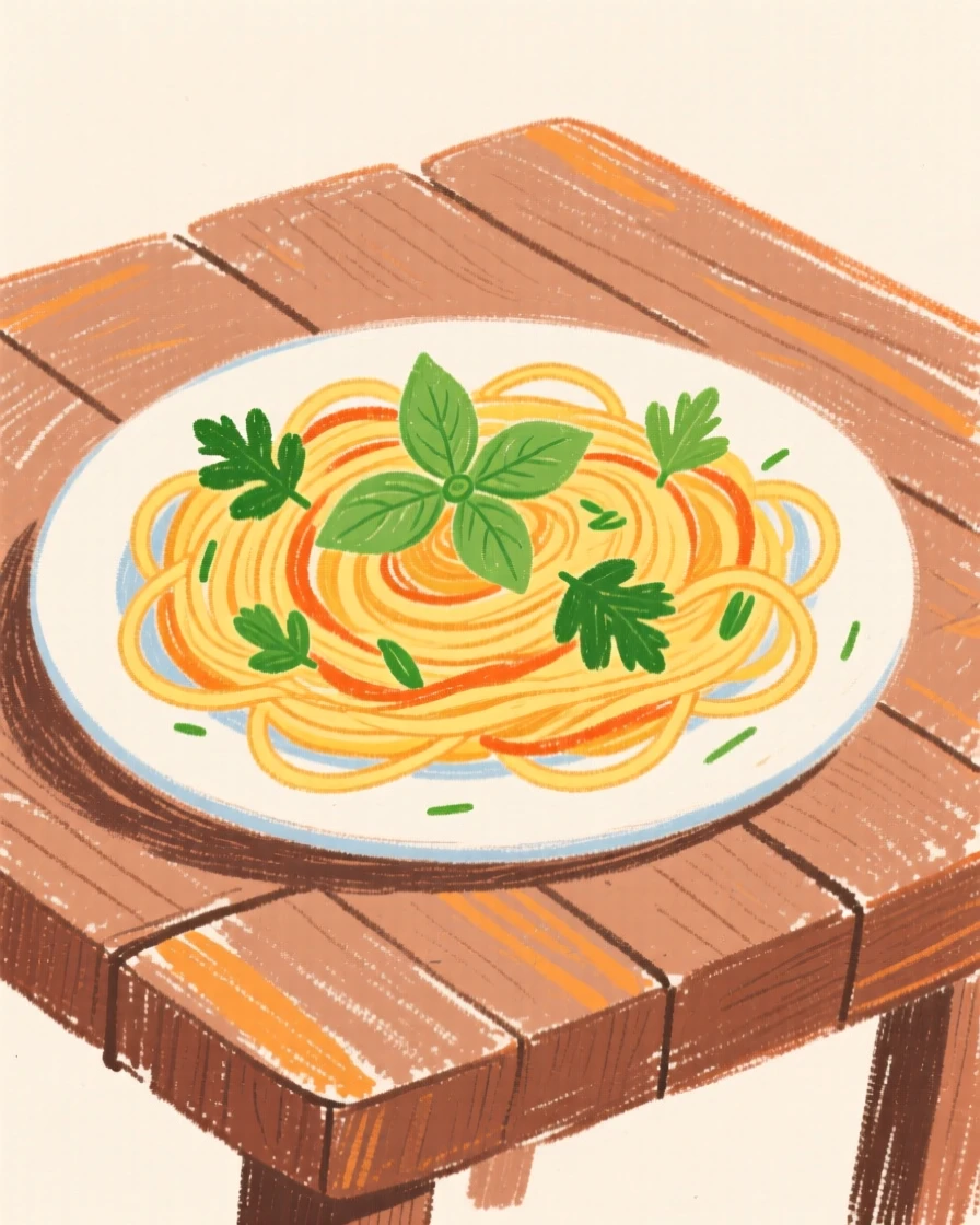 A plate of fresh pasta with herbs arranged on a rustic wooden table.