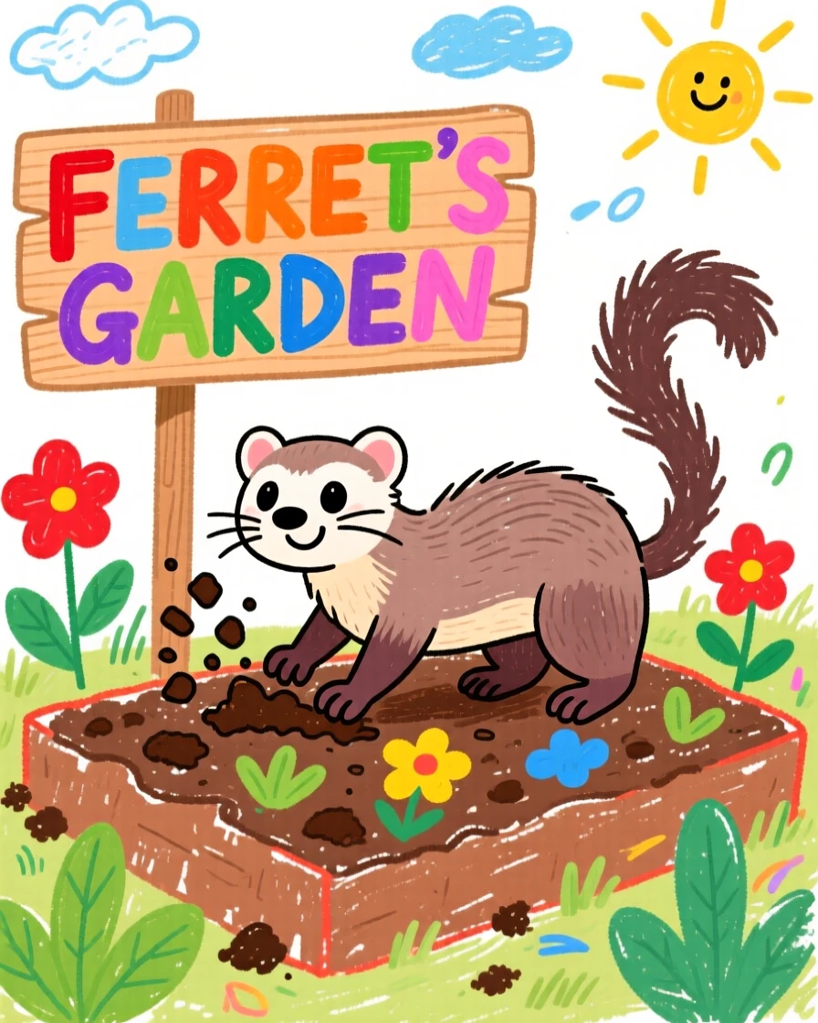 A curious ferret digging happily in a garden bed.