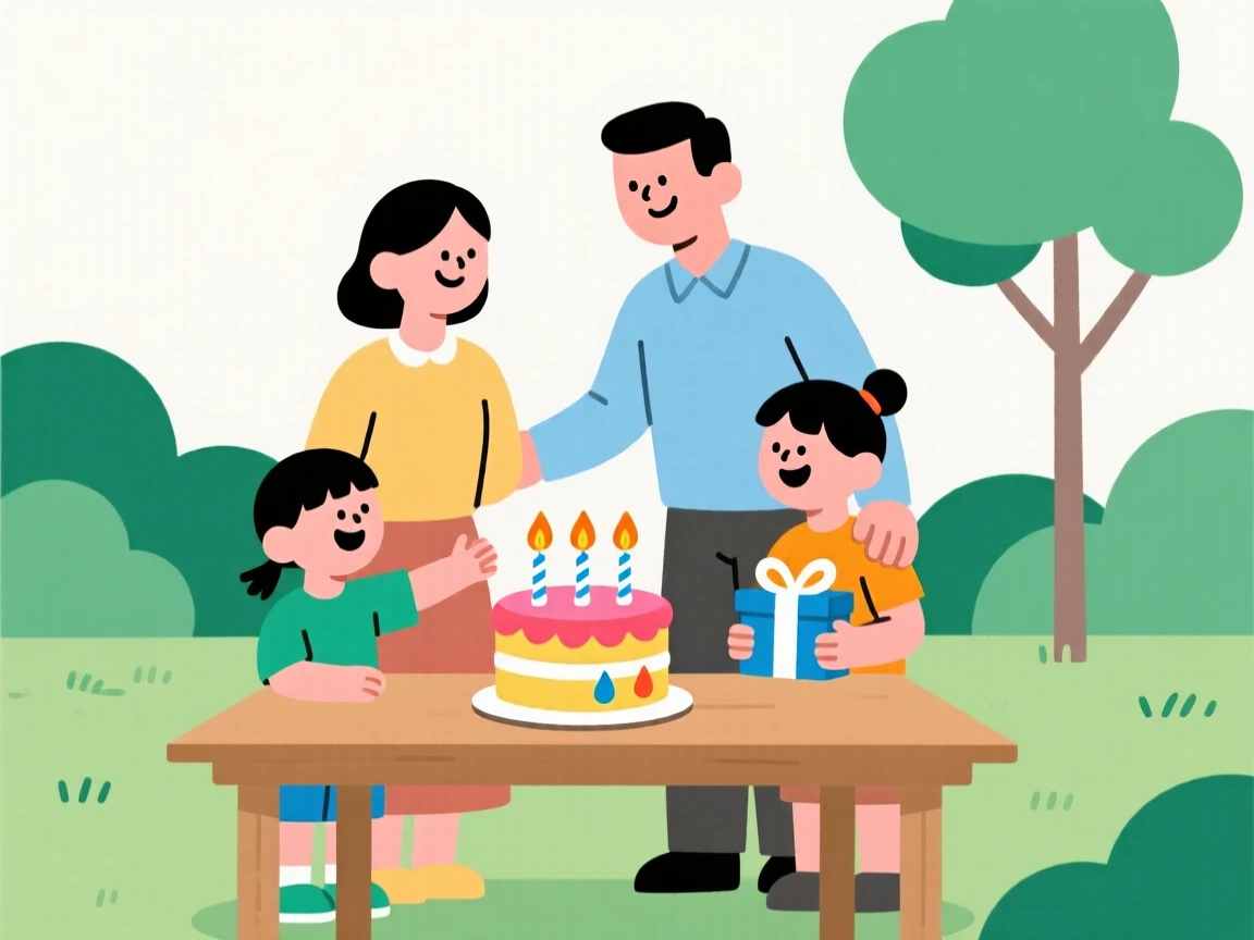 A family celebrating a birthday together in the garden.