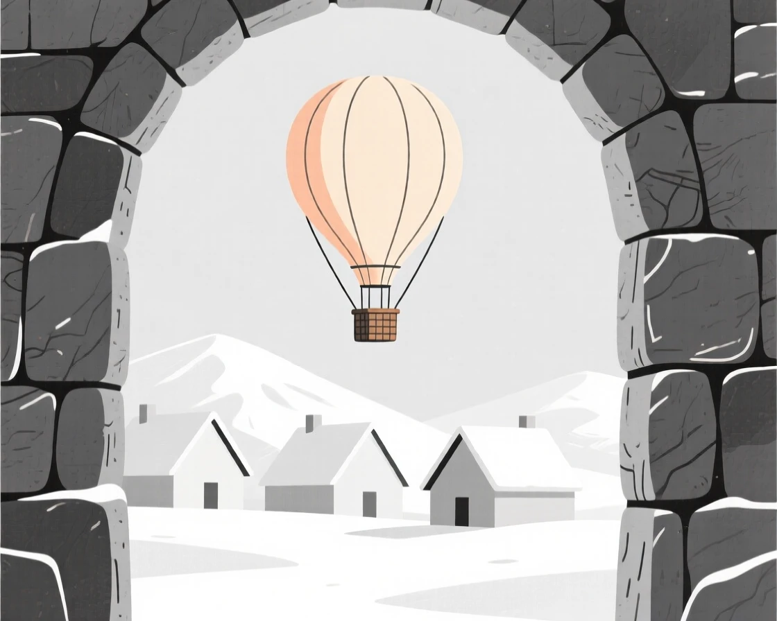 A view of a hot air balloon rising at a snow-covered alpine village, framed by weathered stone archways, capturing timeless nostalgia.