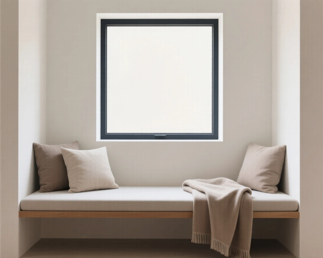 A cozy window seat with cushions and a blanket