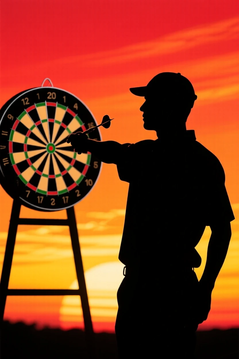 A darts player releasing a throw with perfect focus toward the board.