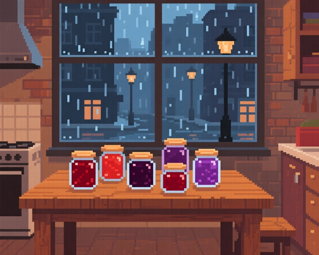 A warm kitchen table lined with jars of homemade jam, in a loft apartment above a rainy street.