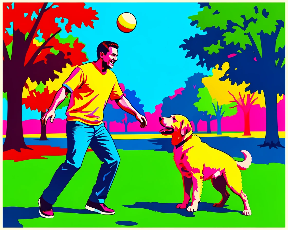 Man playing catch with his dog in a park