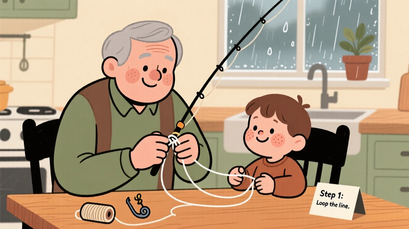 A grandfather teaches a curious toddler how to tie a fishing knot at the kitchen table while rain taps gently against the window, both focused and smiling.
