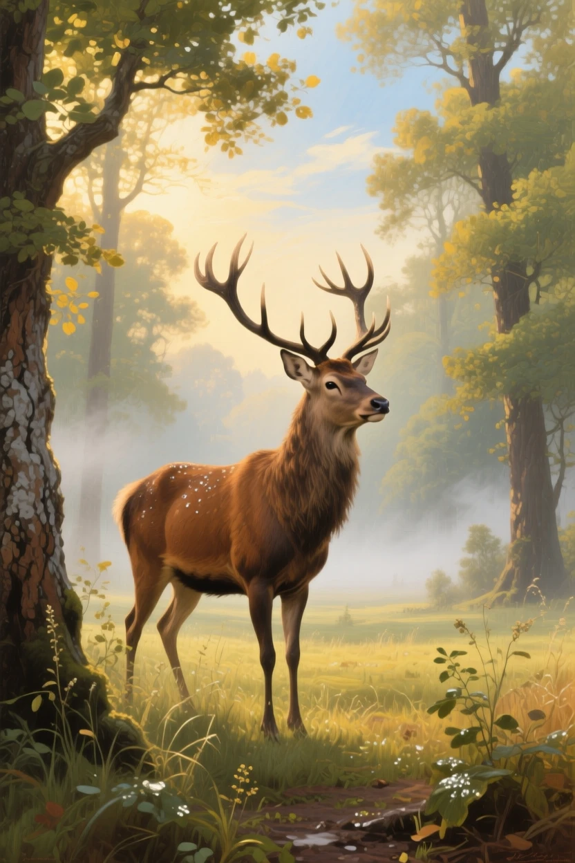 A balanced composition of a majestic stag standing alert in a misty forest clearing, in bright warm sunshine, at the start of a humid summer.