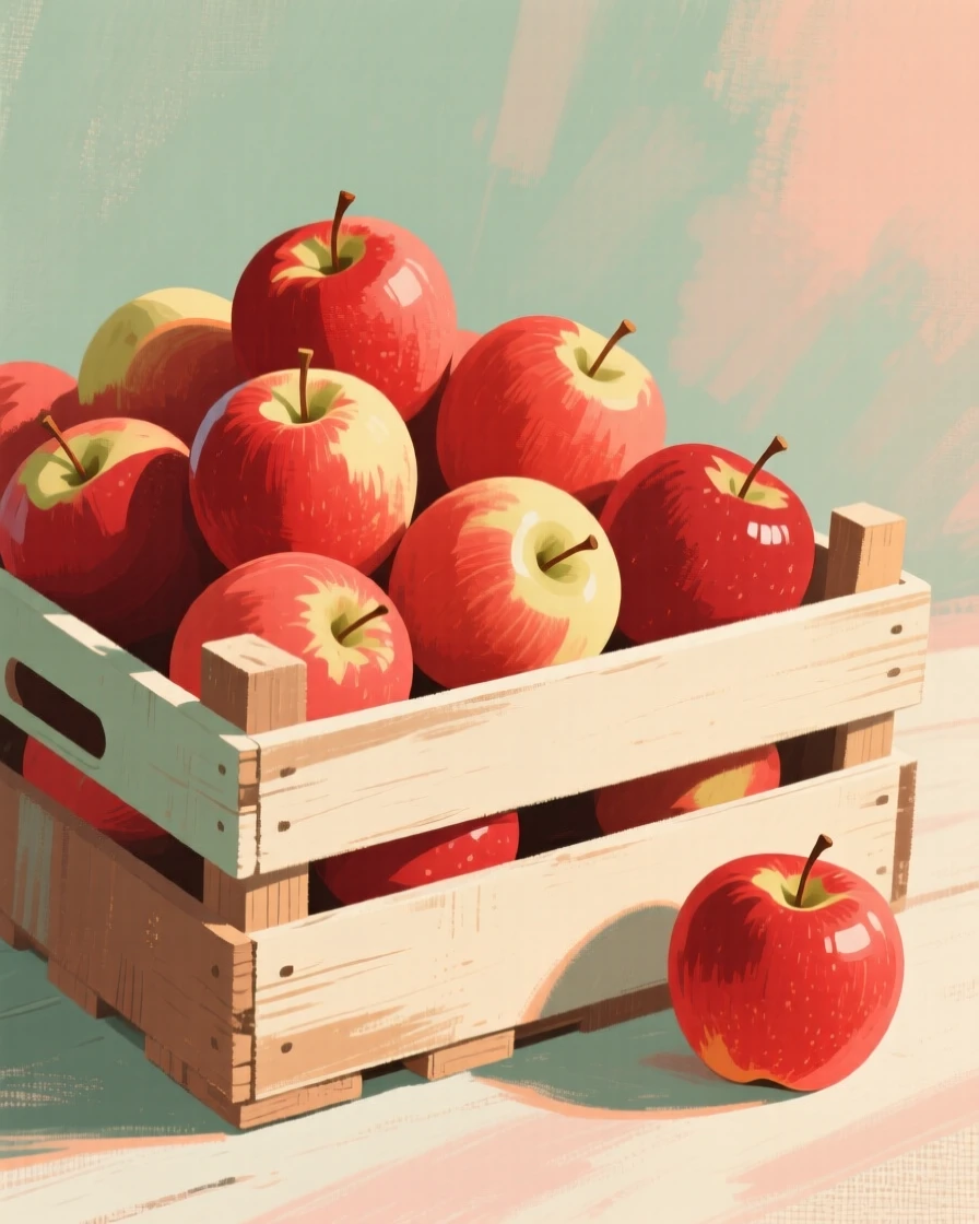 A wooden crate overflowing with freshly picked red apples