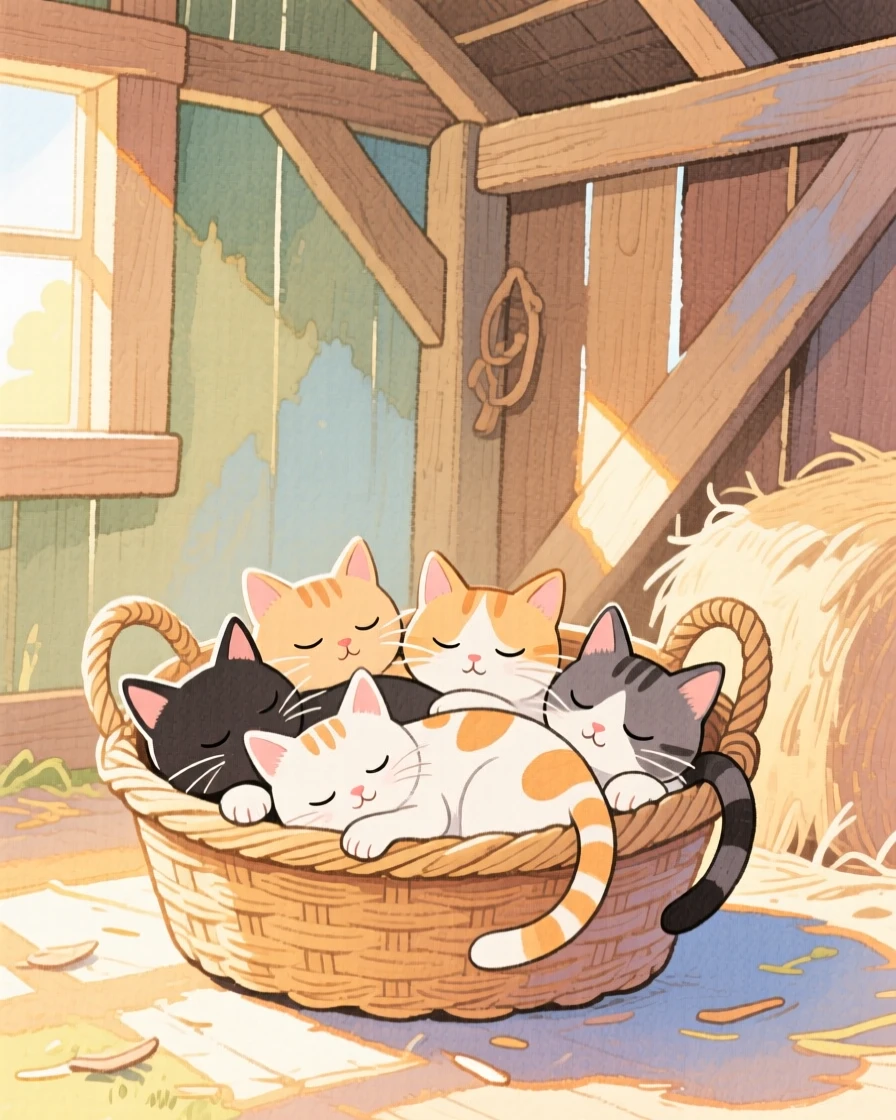 A basket of kittens sleeping together in a sunlit barn.
