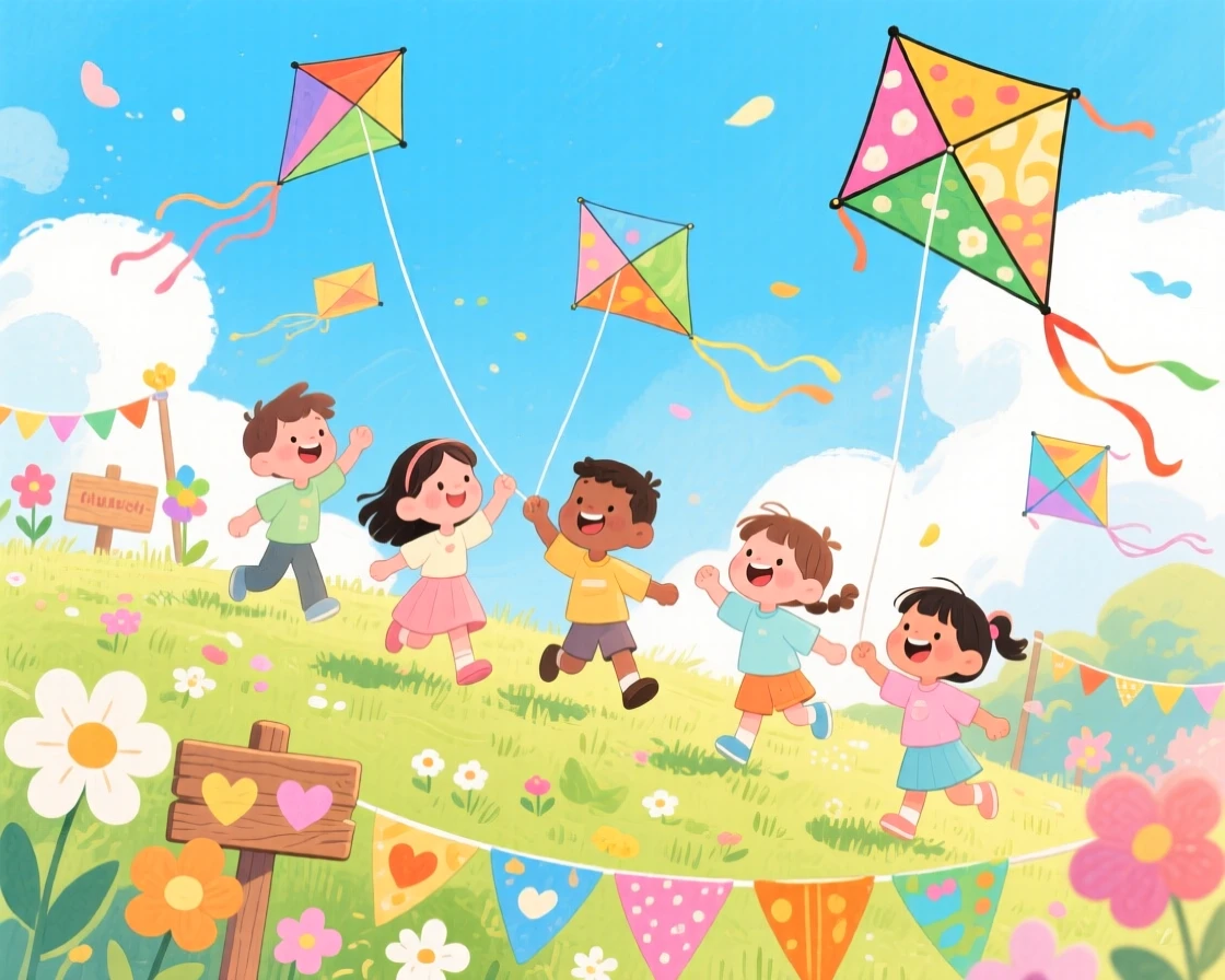 Children flying kites at a spring festival, in a hillside dotted with colorful kites against a blue sky, with handmade decorations crafted with love, evoking carefree seasonal joy.