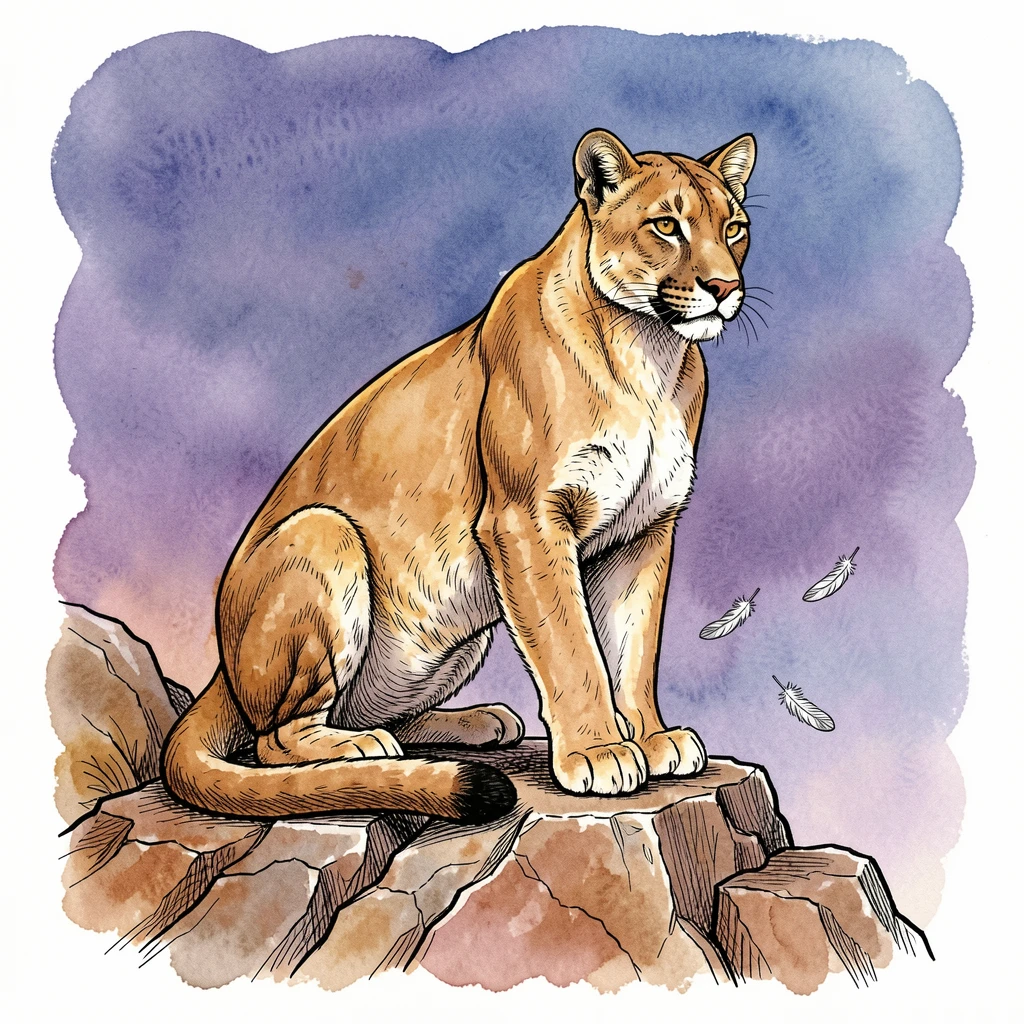A mountain lion perched watchfully on a rocky outcrop at dusk, warm light catching the texture of fur and feather alike.