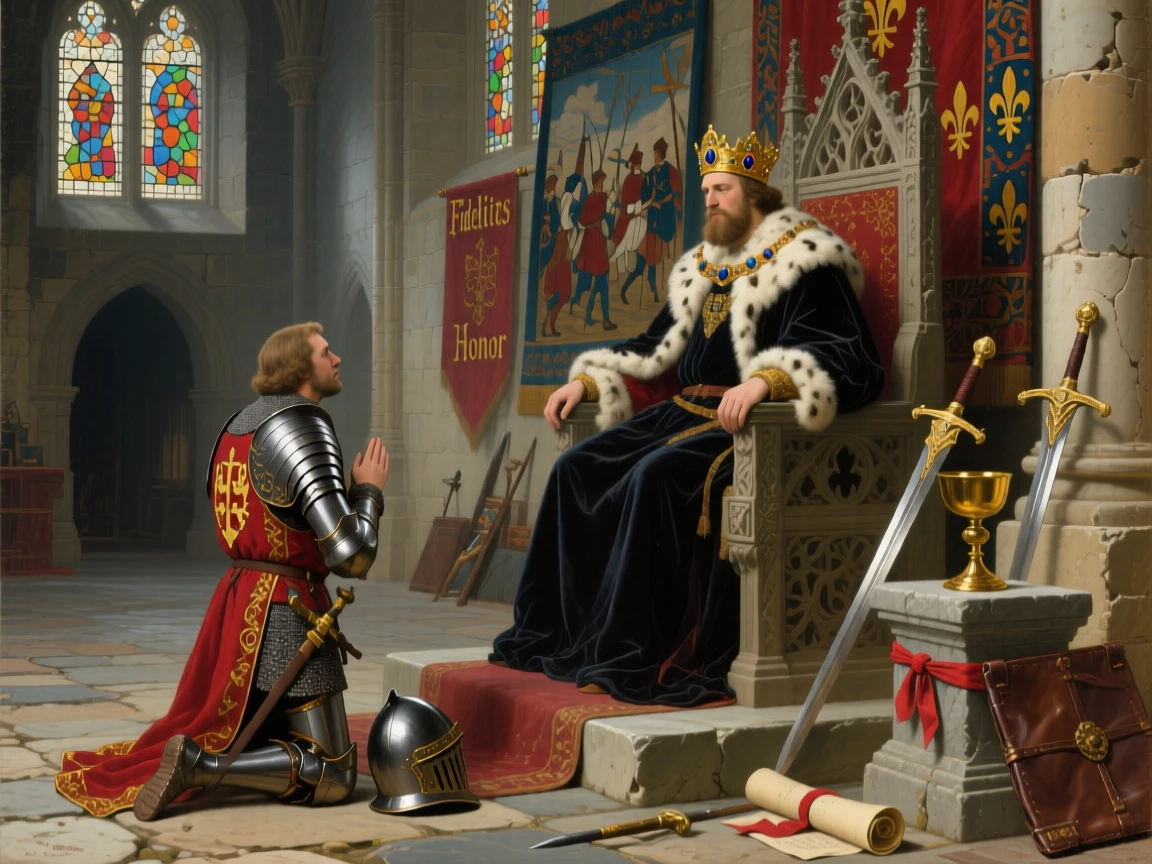 A medieval knight kneeling before a king in a grand stone throne room, with rich period-accurate clothing, tools, and architecture throughout, honoring the customs, craftsmanship, and spirit of the time