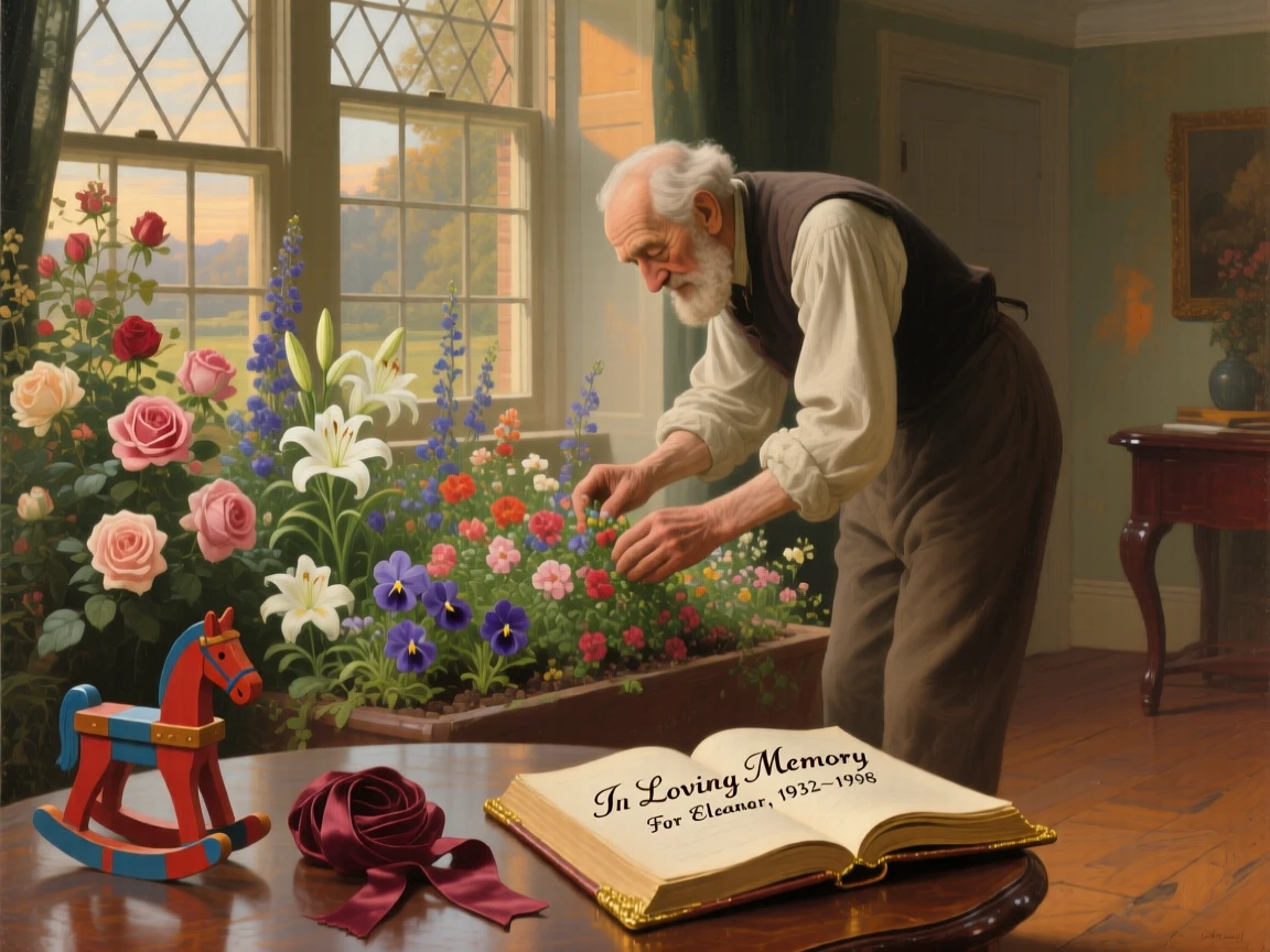 An elderly man tending a garden his late wife once planted in a scene glowing with warmth and quiet devotion, set within a cozy home lit by late afternoon sun, with toys, ribbons, or a forgotten book scattered nearby; warm, low light wraps the family in a comforting glow, filled with gentle joy and quiet devotion.