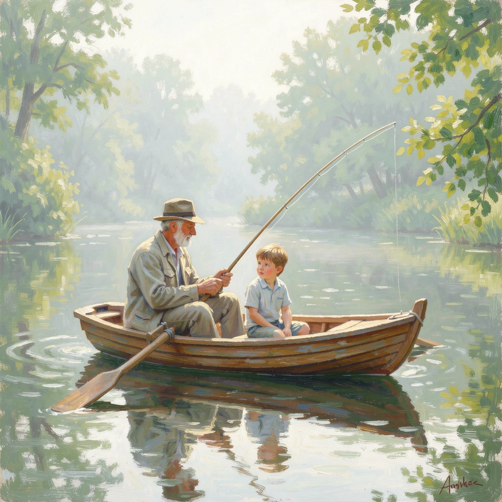 A grandfather and grandson fishing together from a small wooden rowboat on a misty morning lake, in the lush green of midsummer, radiating serenity and gentle stillness.