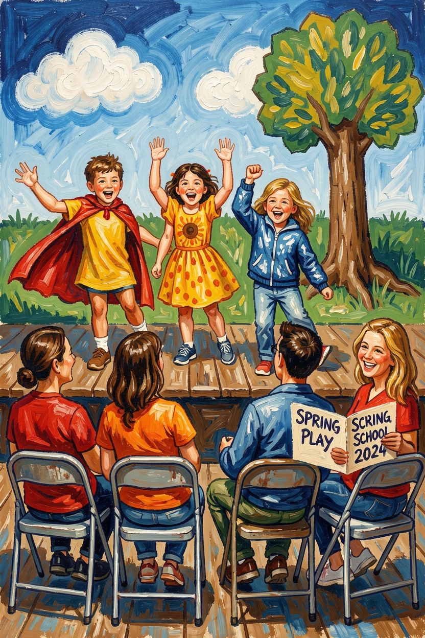Children performing a school play on a small stage, parents watching proudly from folding chairs.