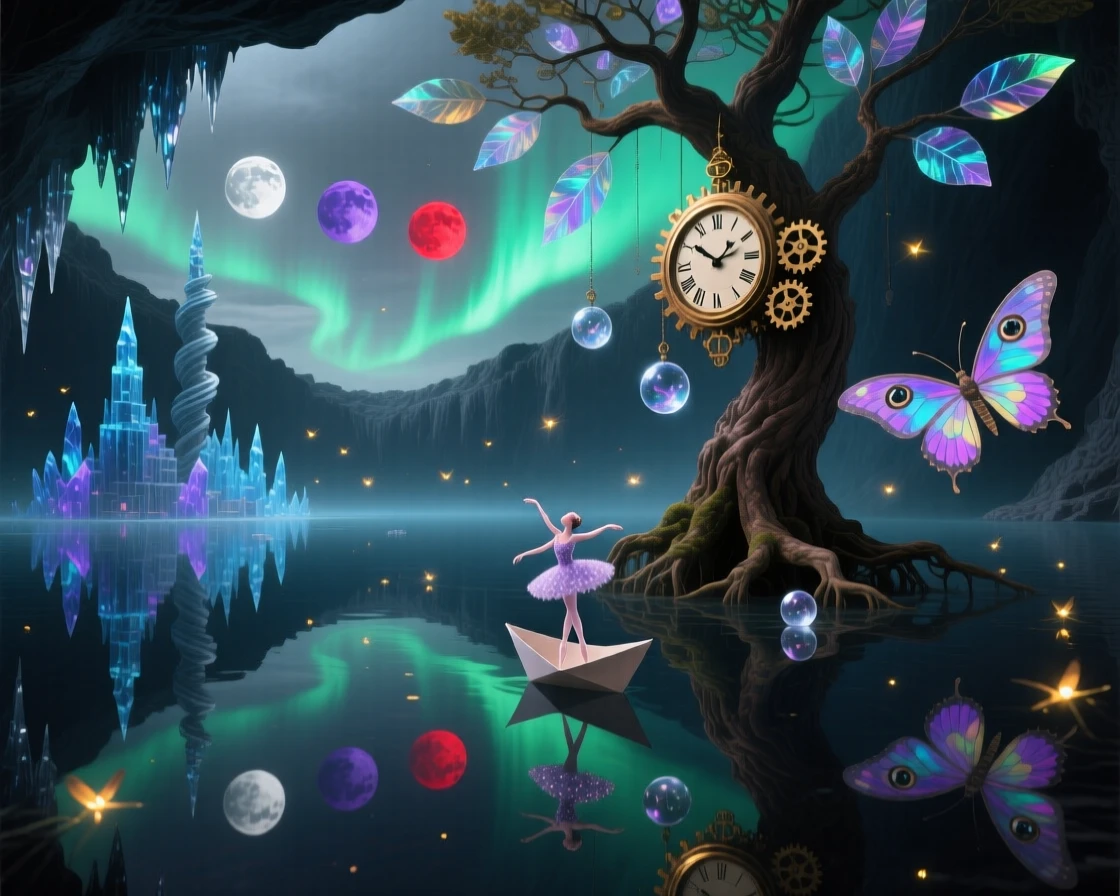 A cavern lake so still it seems to hold a second universe lies silent under the pale glow of three distant moons, as fireflies drift like scattered stars through the air.