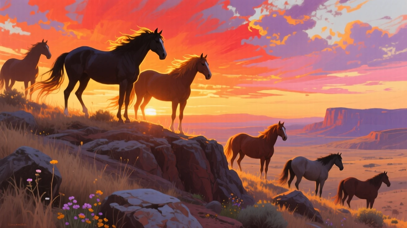 A spirited group of wild horses stands silhouetted on a ridge at sunset in the American West, their manes catching the last golden light, other members of its group visible nearby, reinforcing the social nature of the scene.