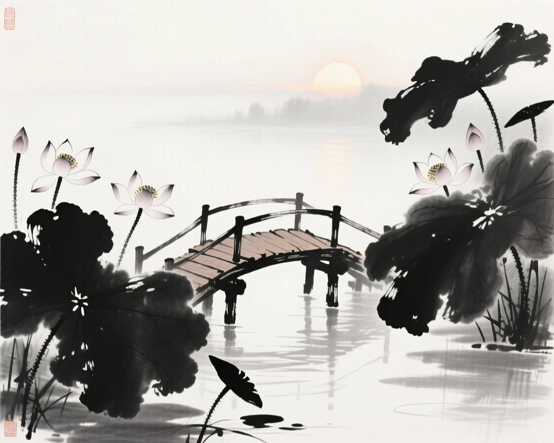 Lotus flowers bloom around a small wooden footbridge, beneath the first light of a summer morning.