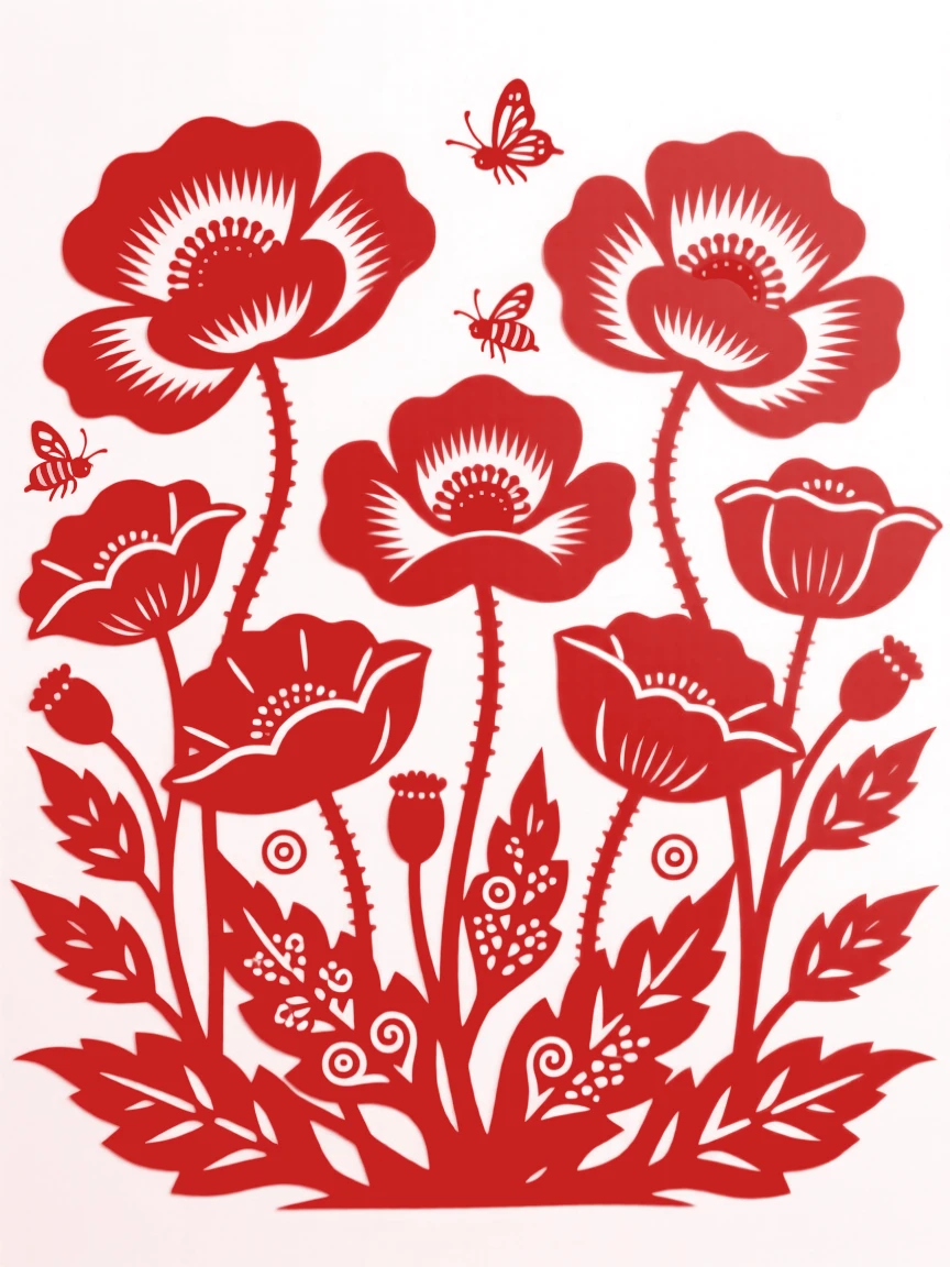 A field of poppies swaying in a spring breeze, vivid red petals catching the afternoon sun