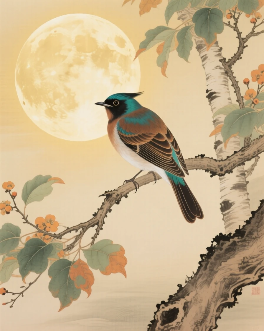 A paradise flycatcher silhouetted against a full harvest moon, soft morning light filtering through the branches
